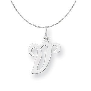 Silver, Sophia Collection, Small Script Initial V Necklace - 18 In